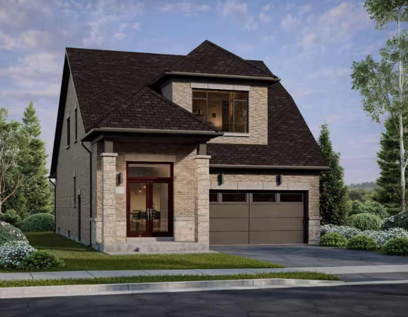 Modern two-story house with stone façade, large front window, and double garage. Surrounded by greenery under a partly cloudy sky, evoking tranquility.